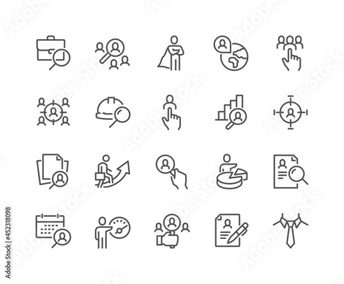 Simple Set of Headhunting Related Vector Line Icons. Contains such Icons as Self Presentation, Resume, Work group and more. Editable Stroke. 48x48 Pixel Perfect.