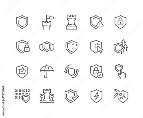 Simple Set of Defense Related Vector Line Icons. Contains such Icons as Computer Security, Umbrella, Shield and more. Editable Stroke. 48x48 Pixel Perfect. photo