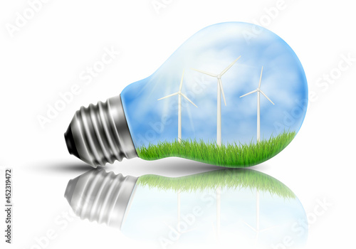 Light bulb with a wind turbines in side, ecology concept, Concept of green energy. Vector 3D realistic illustration.