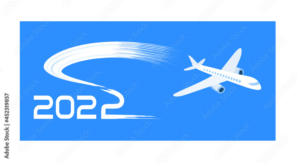 2022. Travel, voyage concept. Simple, horizontal template 2022 with flying airplane on blue sky. Vector illustration
