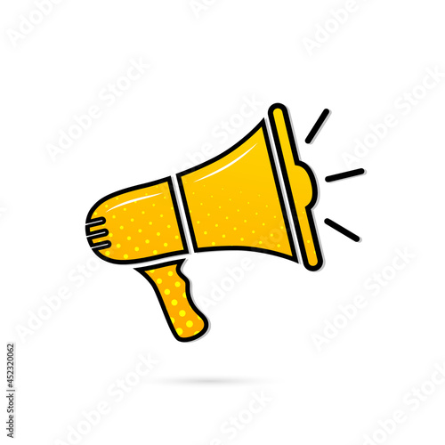 Megaphone icon. Loud announce. Yellow loudspeaker sign. Shout in speaker. Bullhorn alert. Noise speaker. Speak news announcement. Loud sound horn. Notify icon isolated on white background. Vector