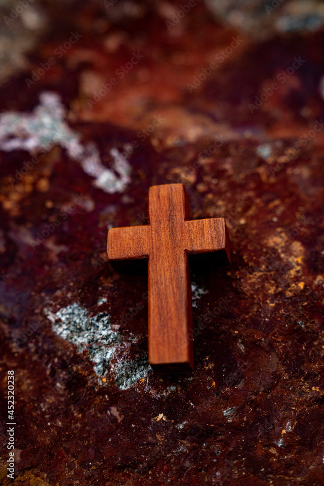 Against the backdrop of a rock section, Wooden Cross. Against the backdrop of a rock section, Wooden Cross.