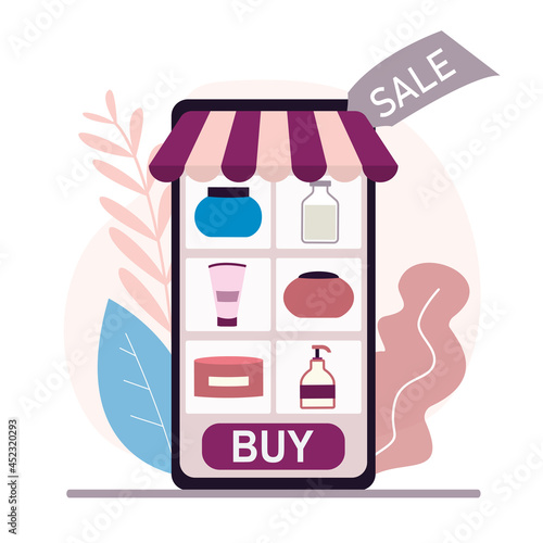 Buy cosmetic with sale in online store. Application on phone screen for buying skin care products. Choose and buy makeup in the internet shop. E-shopping concept