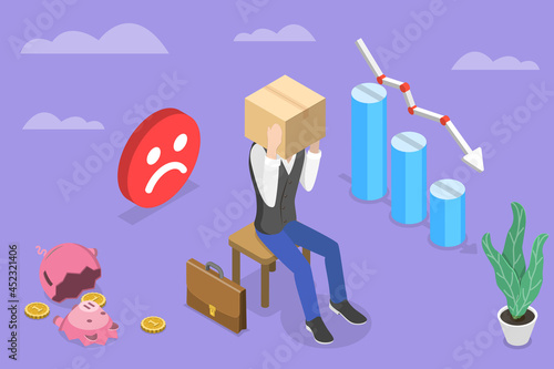 3D Isometric Flat Vector Conceptual Illustration of Business Frustration, Depressed Businessman is on the Brink of Collapse photo