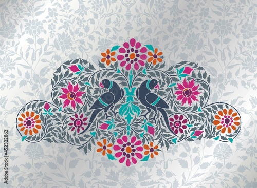 parrot, feathers , traditional wedding card design, royal India	