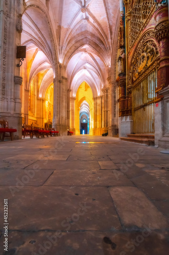 Vertical view from the ground of the interior of the old religious cathedral of Cuenca, World Heritage City, Spain