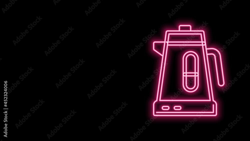 Glowing neon line Electric kettle icon isolated on black background. Teapot icon. 4K Video motion graphic animation Glowing neon line Electric kettle icon isolated on black background. Teapot icon. 4K Video motion graphic animation
