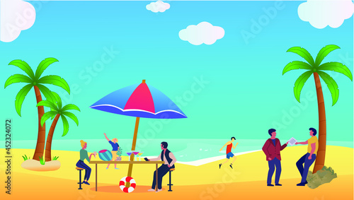 Summer scene  People enjoying on a beach vector artwork
