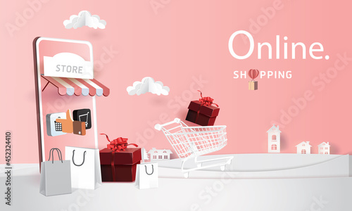 shopping online on phone with podium paper art modern pink background gifts box  illustration vector.