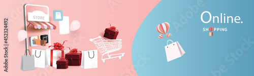 shopping online on phone with podium paper art modern pink background gifts box  illustration vector.