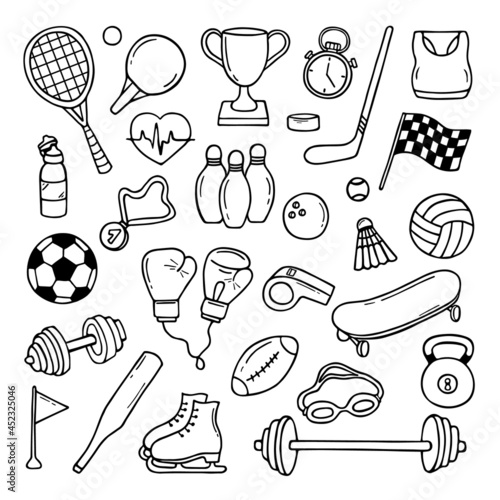 Set of sports and fitness equipment in doodle style with ball, tennis racket, medal, dumbbell, cup, gloves .  Hand drawn vector illustration isolated on white background. 