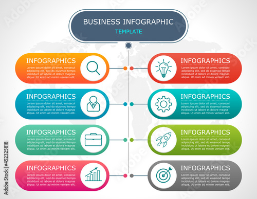 Business infographic Vector with 8 steps.Used for information,data,style,chart,graph,sign,icon, project,strategy,technology,learn,brainstorm,creative,growth,stairs,success, idea,text,web,report,work.