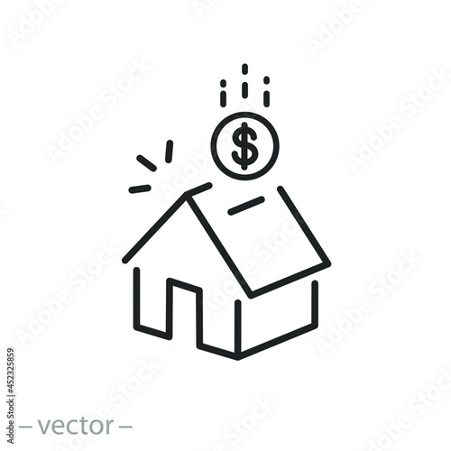 mortgage property icon, isometric house with credit payment, money loan for estate, home investment, thin line symbol on white background - editable stroke vector illustration