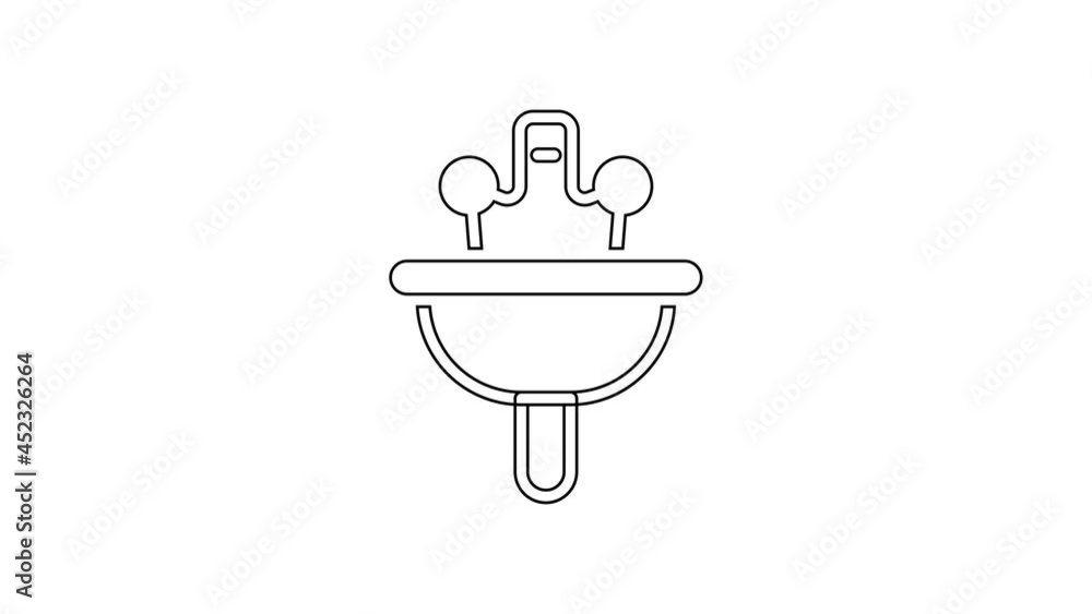 Black line Washbasin with water tap icon isolated on white background. 4K Video motion graphic animation Black line Washbasin with water tap icon isolated on white background. 4K Video motion graphic animation