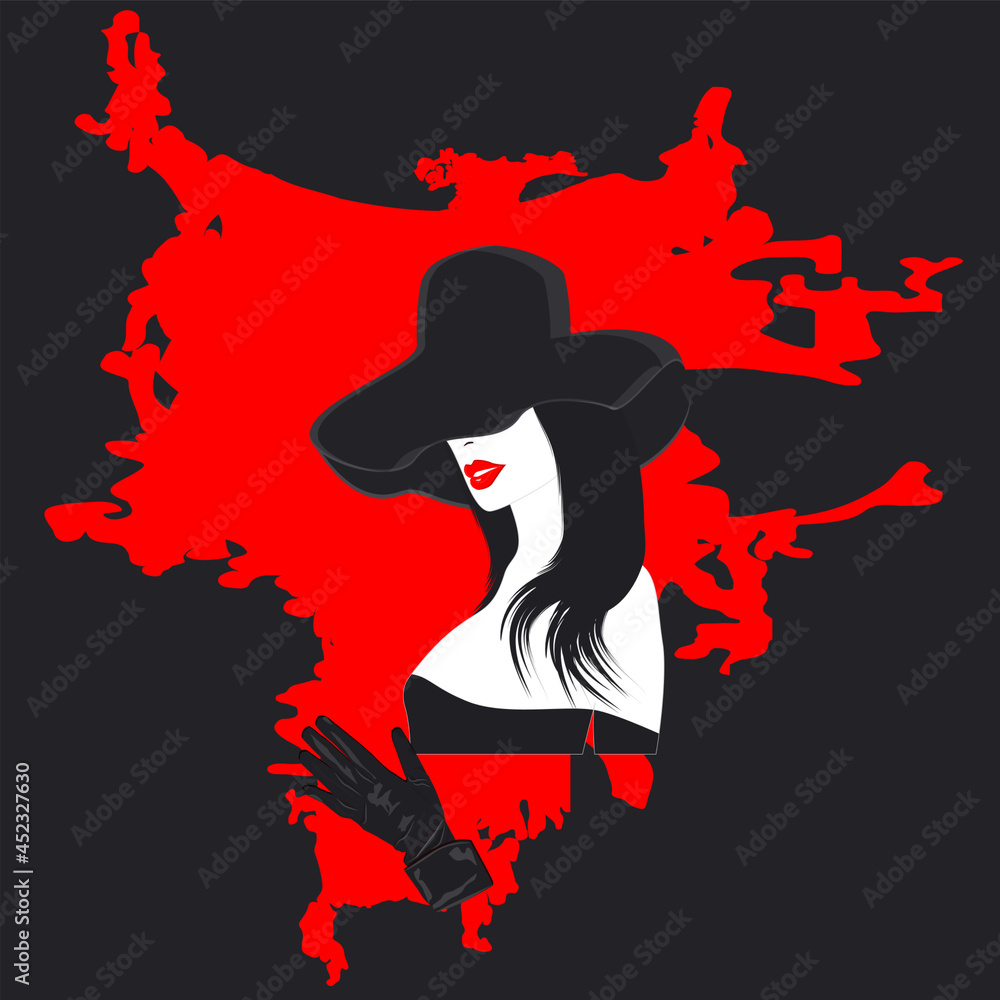 Modern beautiful witch in black hat and glove - red background in grunge style - vector. Mystic. Witchcraft. Halloween party banner