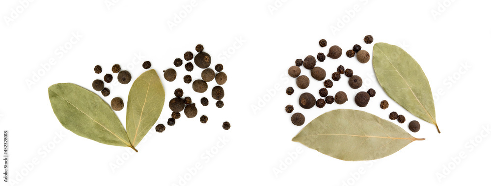 Fototapeta premium Bay leaf, allspice and pepper isolated on white background