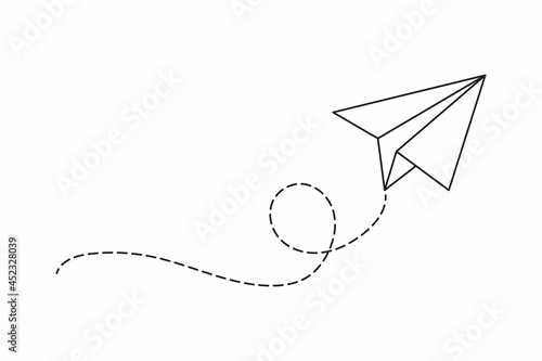 Airplane route in the dotted line shape. Travel concept, paper airplane path.