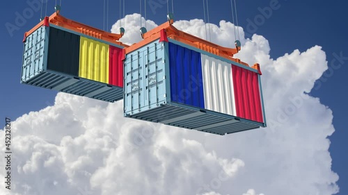 Freight containers with Belgium and France national flags. 3D Rendering 