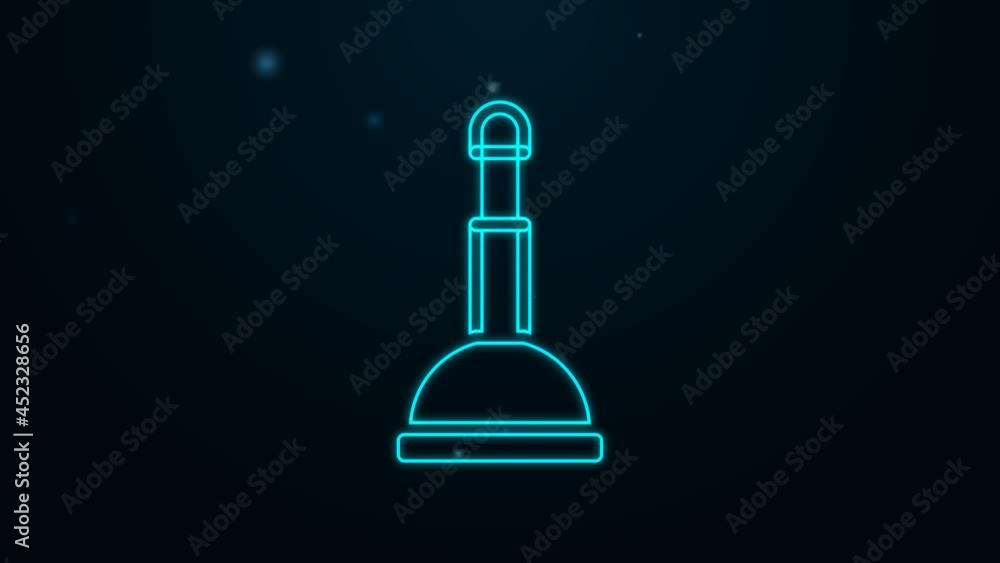 Glowing neon line Rubber plunger with wooden handle for pipe cleaning icon isolated on black background. Toilet plunger. 4K Video motion graphic animation Glowing neon line Rubber plunger with wooden handle for pipe cleaning icon isolated on black background. Toilet plunger. 4K Video motion graphic animation
