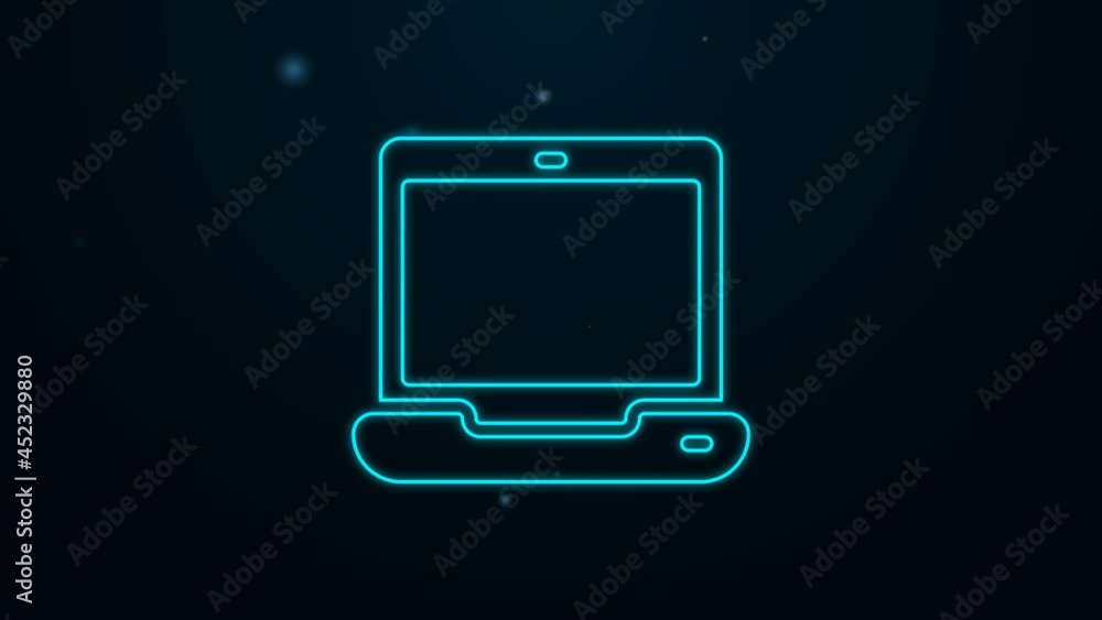 Glowing neon line Laptop icon isolated on black background. Computer notebook with empty screen sign. 4K Video motion graphic animation Glowing neon line Laptop icon isolated on black background. Computer notebook with empty screen sign. 4K Video motion graphic animation