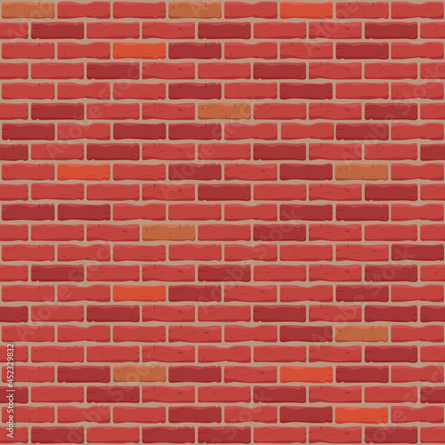 Red brickwork. Seamless vector pattern. Aged effect brick wall, chipped brick.