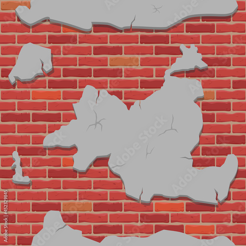 Red brick wall with peeled plaster. Sprinkled, fallen off plaster layer. Seamless vector pattern.