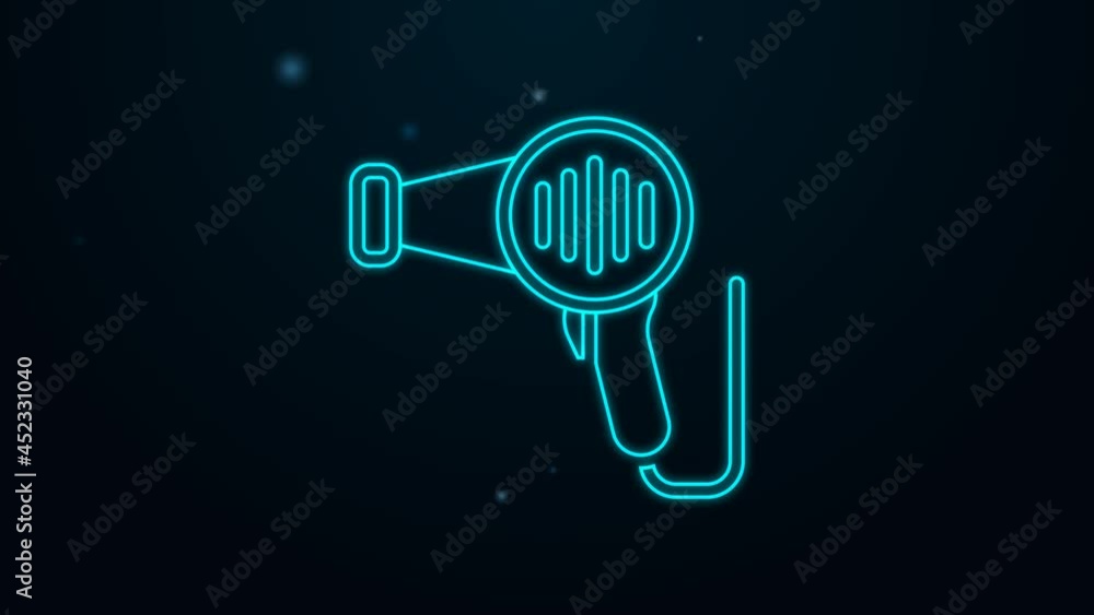 Glowing neon line Hair dryer icon isolated on black background. Hairdryer sign. Hair drying symbol. Blowing hot air. 4K Video motion graphic animation Glowing neon line Hair dryer icon isolated on black background. Hairdryer sign. Hair drying symbol. Blowing hot air. 4K Video motion graphic animation