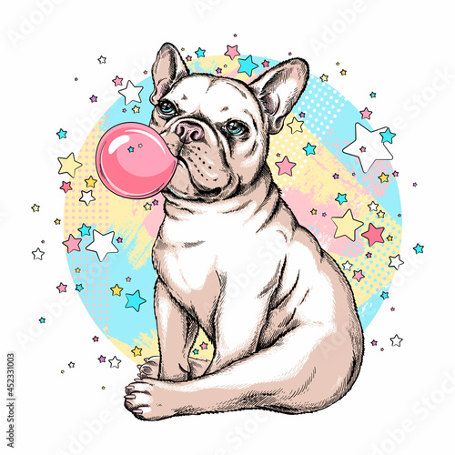 Cute french bulldog with bubble gum. Dog on a background of stars. Image for printing on any surface	