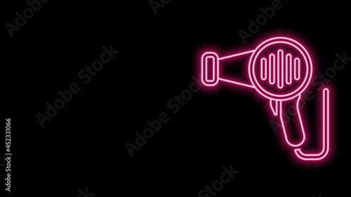 Glowing neon line Hair dryer icon isolated on black background. Hairdryer sign. Hair drying symbol. Blowing hot air. 4K Video motion graphic animation