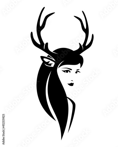 beautiful woman with long hair and deer antlers - forest nymph with animal ears and horns black and white vector outline portrait