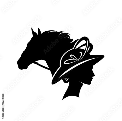 elegant woman  wearing retro style ascot hat with long feather decor and race horse head silhouette - glamour and beauty concept vector portrait