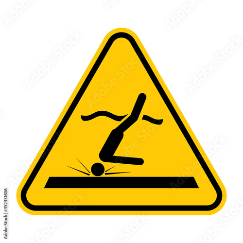Shallow water sign. Vector illustration of yellow triangle warning sign with diver hitting bottom. Spinal cord injuries concept. Caution diving accident. Danger area with low water level. 