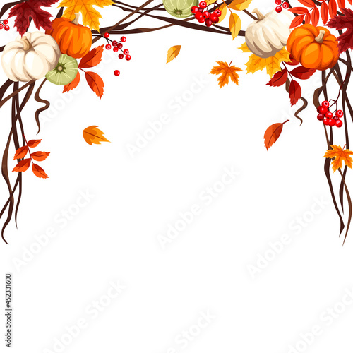 Vector decorative frame background with pumpkins, orange and brown autumn leaves, rowanberries, and willow branches. Halloween or Thanksgiving greeting card.