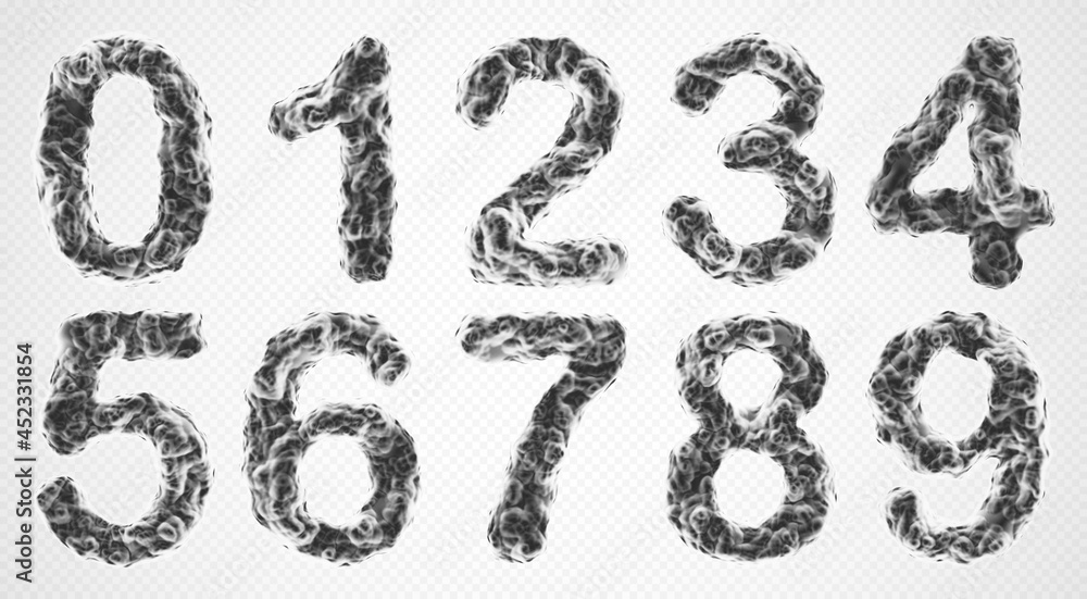 Set of smoky 3D numbers. Realistic smoke clubs or steam in shape of numbers on white background. Magical digits made of mystery fog. Vector illustration. Set of smoky 3D numbers. Realistic smoke clubs or steam in shape of numbers on white background. Magical digits made of mystery fog. Vector illustration.