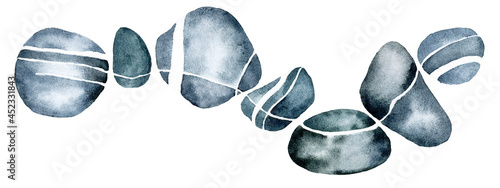 watercolor drawing. stones, river pebbles with white streaks, stripes. sea ​​stones of gray-blue color isolated on white background