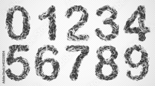 Set of smoky 3D numbers. Realistic smoke clubs or steam in shape of numbers on white background. Magical digits made of mystery fog. Vector illustration.