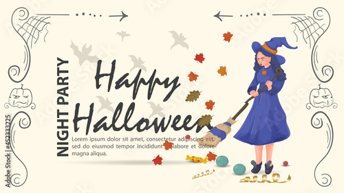 The witch sweeps the leaves for the Halloween holiday flat illustration