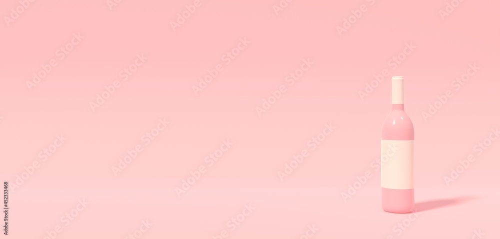 Wine bottle on bright pink background in pastel colors. Minimalism concept. 3d render. 3d illustration Wine bottle on bright pink background in pastel colors. Minimalism concept. 3d render. 3d illustration