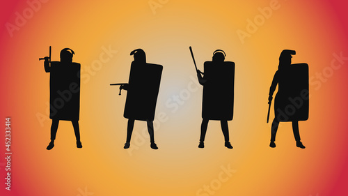 Collection of silhouette riot police poses on background