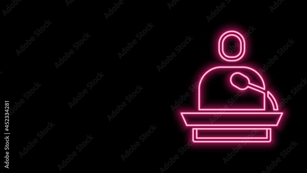 Glowing neon line Gives lecture icon isolated on black background. Stand near podium. Speak into microphone. The speaker lectures and gestures. 4K Video motion graphic animation Glowing neon line Gives lecture icon isolated on black background. Stand near podium. Speak into microphone. The speaker lectures and gestures. 4K Video motion graphic animation