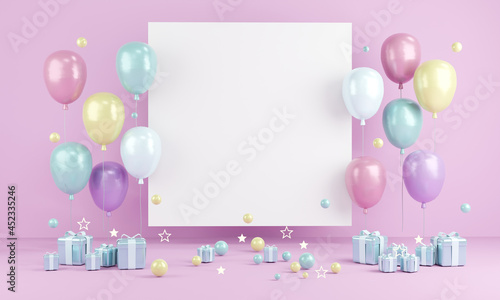 3D Rendering concept of invitation birthday valentine wedding card or for commercial. Pastel theme balloons with blank paper copy space for text and gifts on background. 3D Render. 3D illustration.