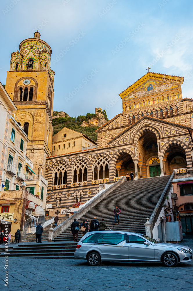 Amalfi, Italy - January 19, 2017: View of the St Andrews basilica in the historical district of the Amalfi, the UNESCO world heritage site