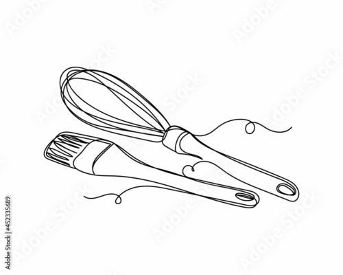 Continuous one line drawing of whisk for mixing for cooking clipping path icon in silhouette on a white background. Linear stylized.