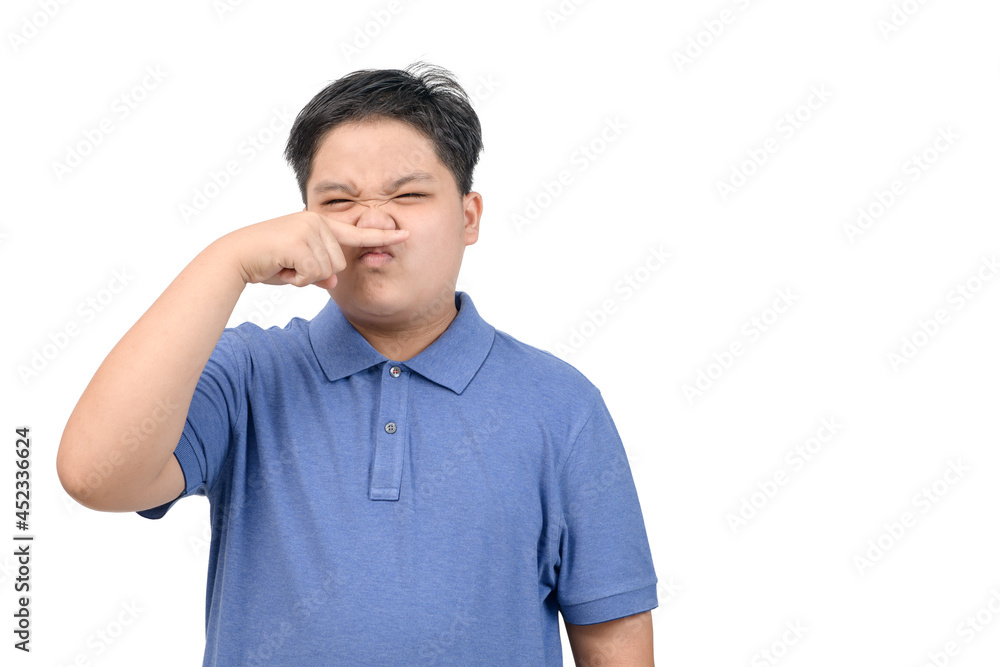 Asian child boy with disgust on face pinches his nose something stinks bad smell i Asian child boy with disgust on face pinches his nose something stinks bad smell i