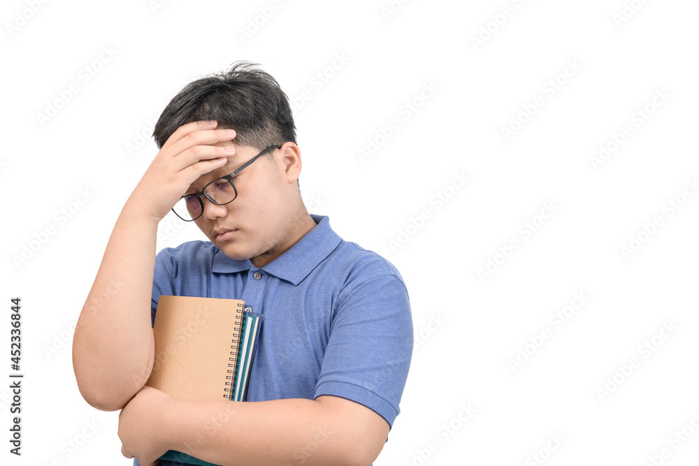 Obese boy student feel strain or headache after learning online Obese boy student feel strain or headache after learning online