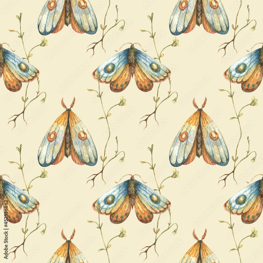 Pattern watercolor butterfly-moth flowers
Watercolor botanical seamless pattern with small flowers. Cute floral print blooming summer meadow illustration with butterflies and wildflowers
