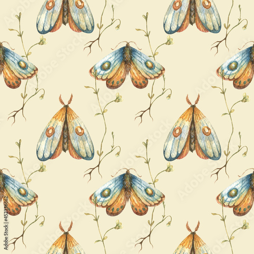 Pattern watercolor butterfly-moth flowers Watercolor botanical seamless pattern with small flowers. Cute floral print blooming summer meadow illustration with butterflies and wildflowers  © Marina