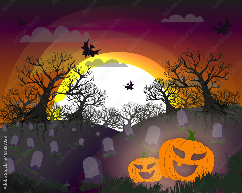 illustration of the Halloween holiday, pumpkins, monsters.bats