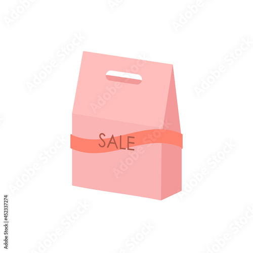 Package for sale, discounts, sale, purchases. Symbol logo flat illustration of a shopping bag with the inscription sale and a ribbon in pink colors