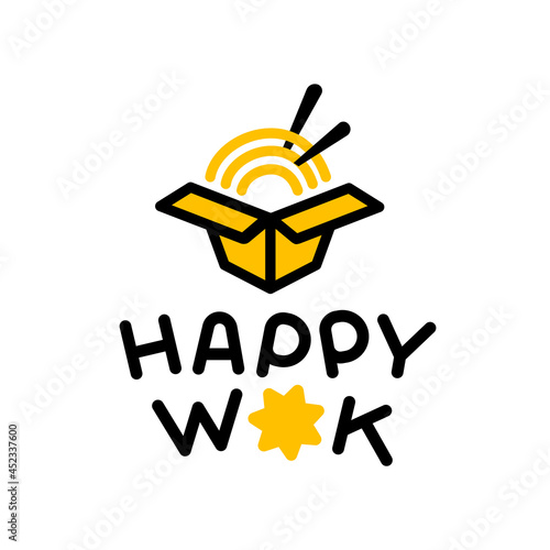 Vector Logo Happy Wok with Chinese Noodles in Yellow Box on White Background. Line Art Style Design of Logotype
